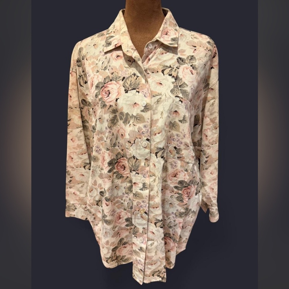 VTG Ann Taylor Floral Button Down Shirt Pink Roses Pure Cotton soft romantic